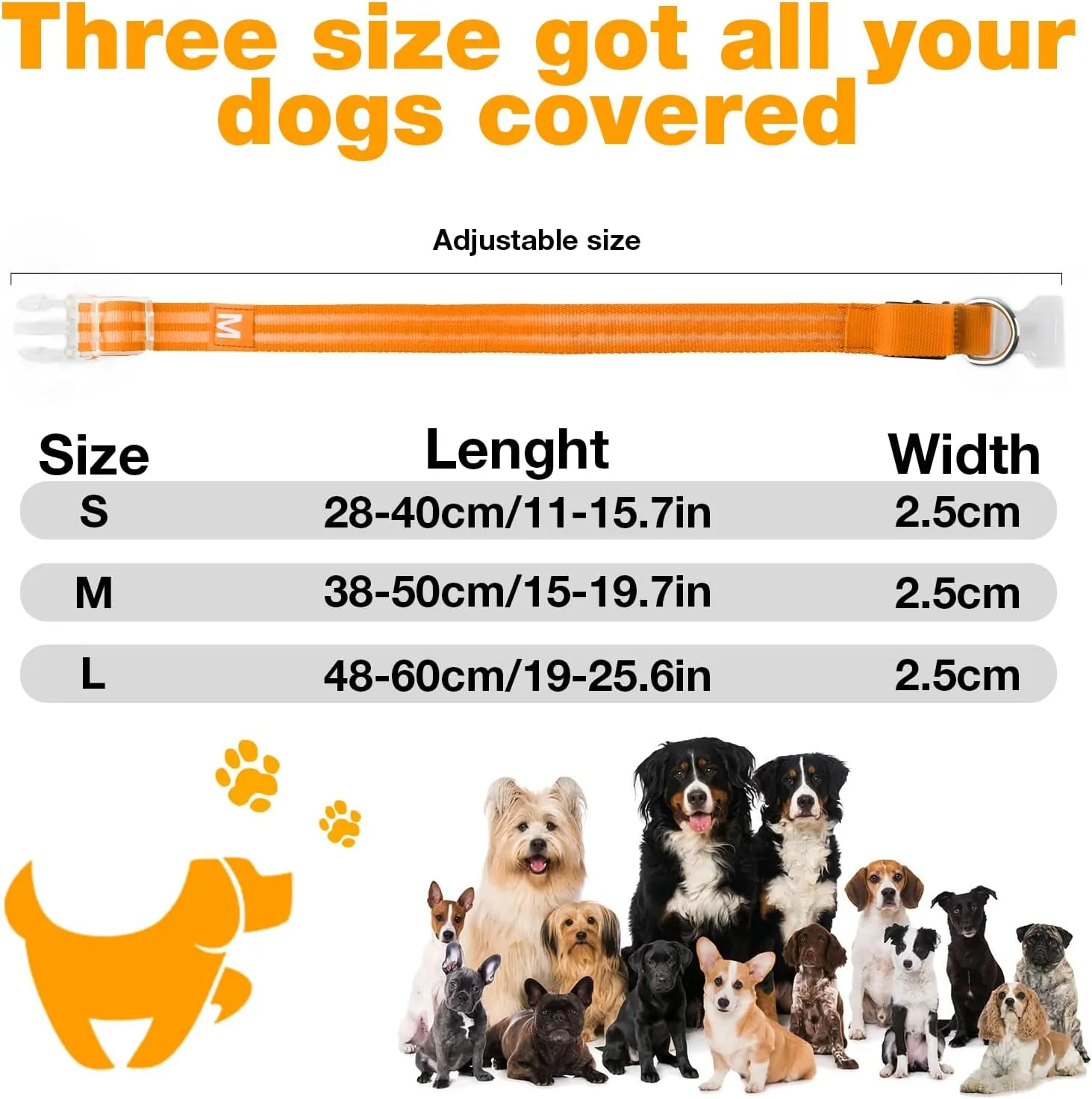 LED Dog Collar, Light Up Dog Collar, Lighted Dog Collars Adjustable for Night Walking, Glow in The Dark Dog Collars Light with USB Rechargeable Color Changing Waterproof for Dogs (Orange, Medium)