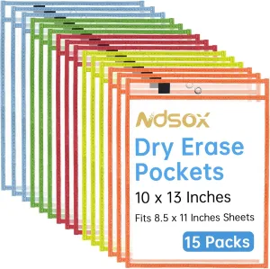 Ndsox 15 Packs Oversized Dry Erase Pockets Reusable Plastic Sleeves, 5 Colors Shop Ticket Holders & Sheet Protectors Document Sleeves for Teachers, Classroom Organization, School Supplies Must Have