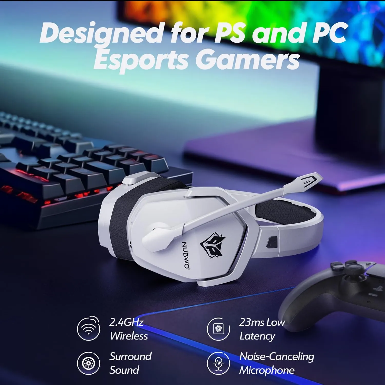 NUBWO G06 Dual Wireless Gaming Headset with Microphone for PS5, PS4, PC - 23ms Low Latency Audio - 100-Hour of Playtime - 50mm Drivers (White-Black)