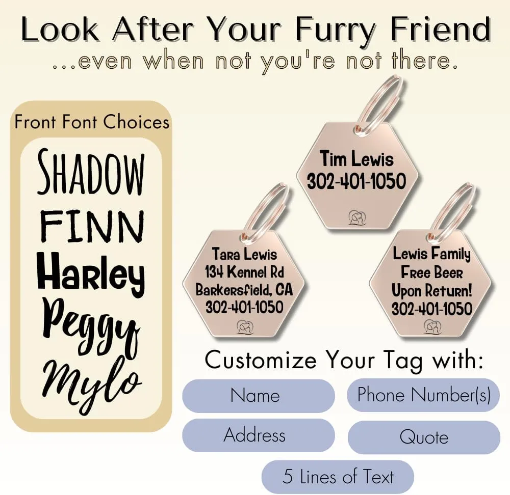 PawFurEver Stainless Steel Pet ID Tag | Personalized Cat & Dog Tags - Engraved Front & Back - Dark Etching - Hexagon, Rose Gold