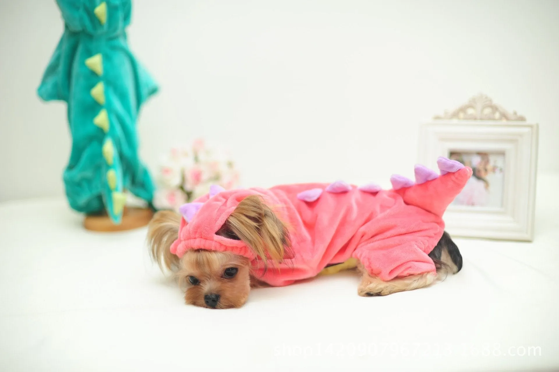 Pet Plush Outfit Dinosaur Costume with Hood for Small Dogs & Cats Jumpsuit Winter Coat Warm Clothes