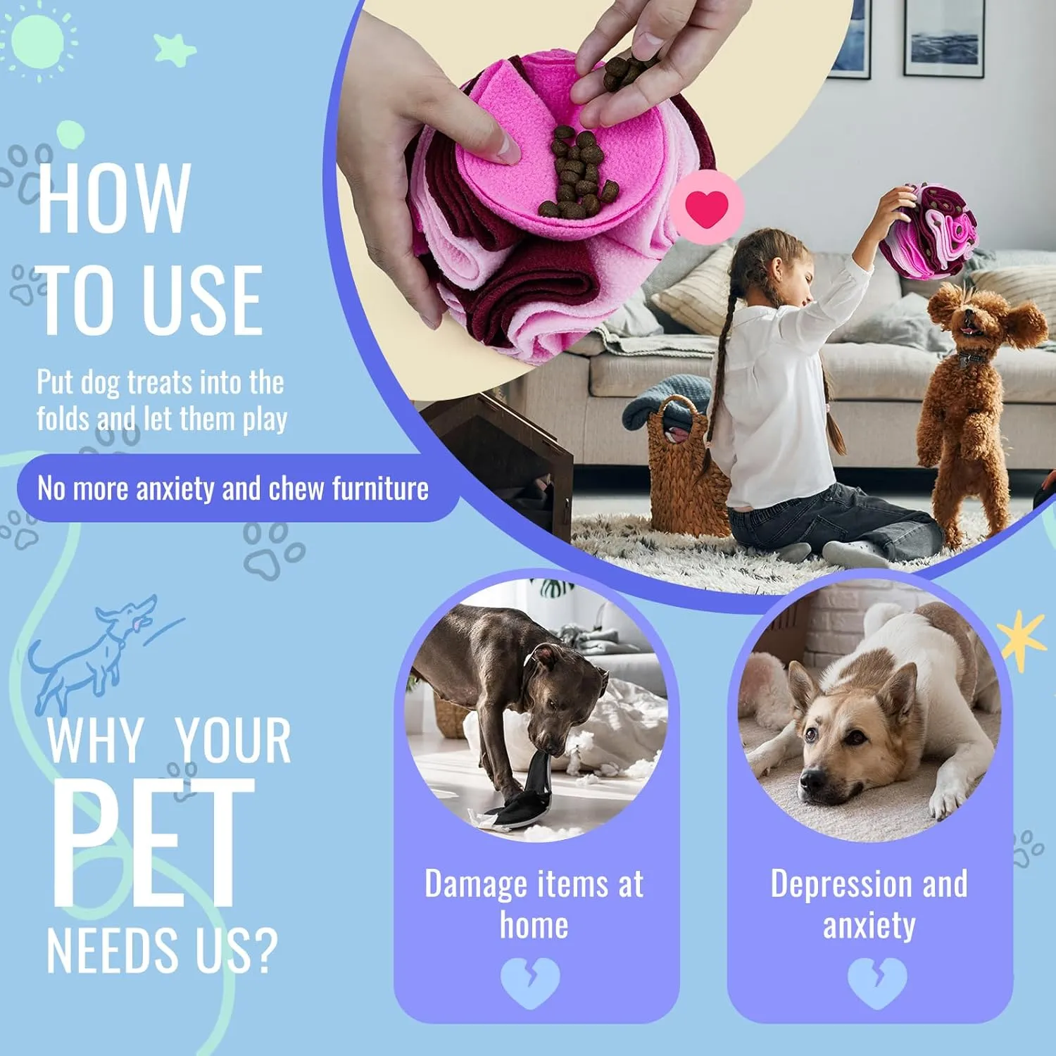 Pet Snuffle Ball, Puzzle Sniffing Interactive Dog Toy for Blind Dogs Training, Stress Relief, Dog Enrichment, Treat Ball, Machine Washable (15cm, Fantasy Pink)