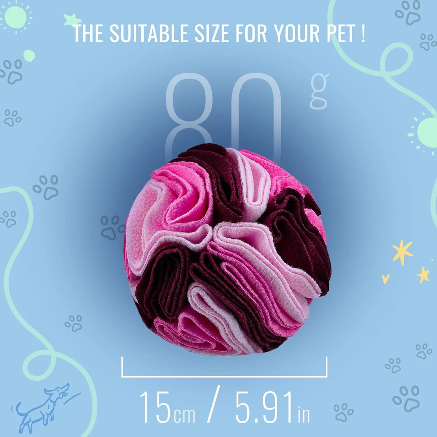 Pet Snuffle Ball, Puzzle Sniffing Interactive Dog Toy for Blind Dogs Training, Stress Relief, Dog Enrichment, Treat Ball, Machine Washable (15cm, Fantasy Pink)