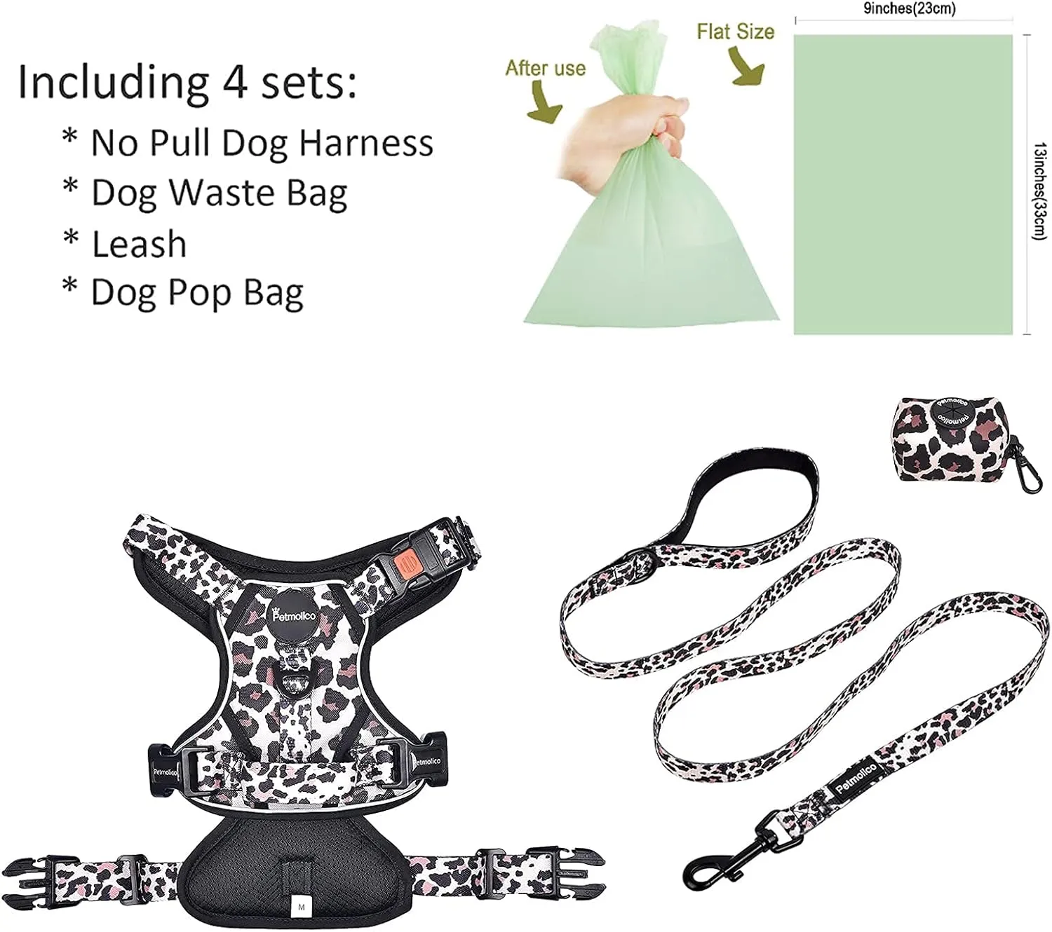 Petmolico No Pull Dog Harness Set with Leash Attachment Easy Control Handle Reflective Harness Vest Small Breed, Puppy Vest and Leash Set with Poop Bag Holder, Small - Leopard