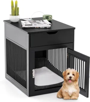PETSITE Furniture Style Dog Crate, Decorative Dog Kennel End Table with USB & Wireless Charging Station, Storage Drawer, Indoor Dog House for Small Dogs (Black)