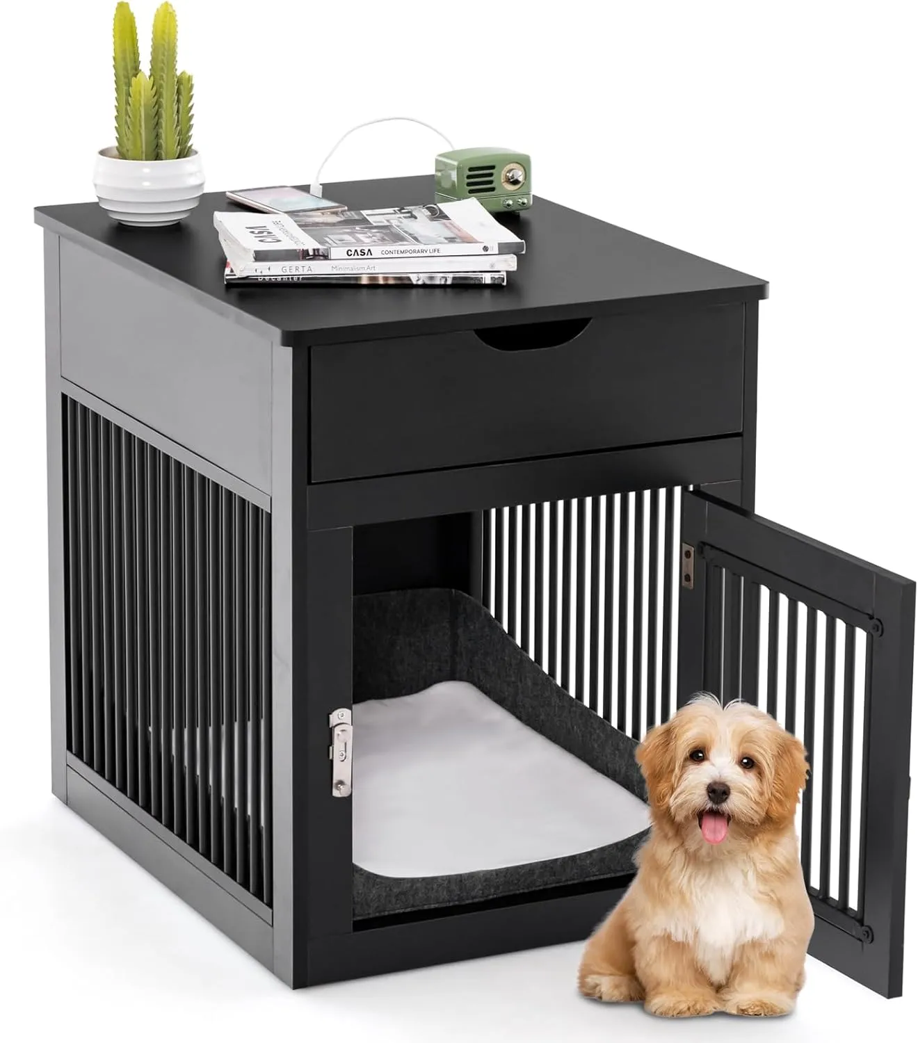 PETSITE Furniture Style Dog Crate, Decorative Dog Kennel End Table with USB & Wireless Charging Station, Storage Drawer, Indoor Dog House for Small Dogs (Black)