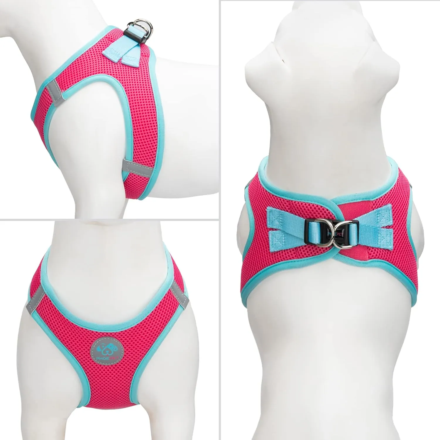 PHOEPET Step-in Dog Harness,Reflective Adjustable Dog Vest Harness, Soft Pet Walking Jacket with 2 Metal Leash Hooks for Dog and Cat(Pink Base & Green Straps,XL)