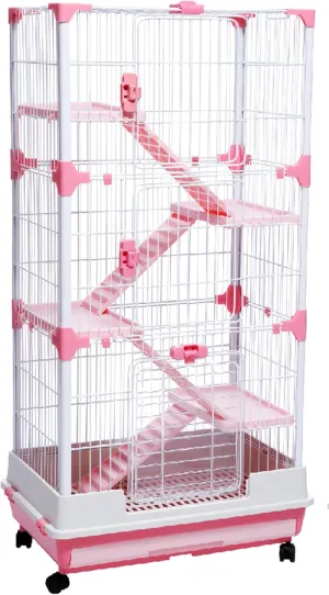 Pink Large Multi-Levels in/Outdoor Small Animal Rabbit Bunny Guinea Pig Hedgehog Ferret Cat Chinchilla Squirrel Habitat Cage Paw Safe Platform Ladder Easy Pull Out Easy Clean Tray Lockable Wheels