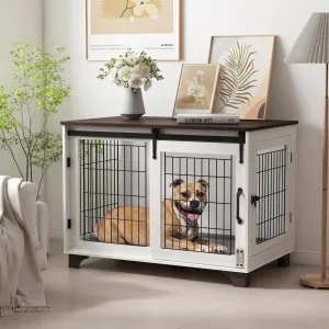 Piskyet Dog Crate Furniture Barn Door Dog Crate for Large Dogs Up to 60 lbs,Sliding Door Dog Crate Modern Decorative End Side Table Nightstand