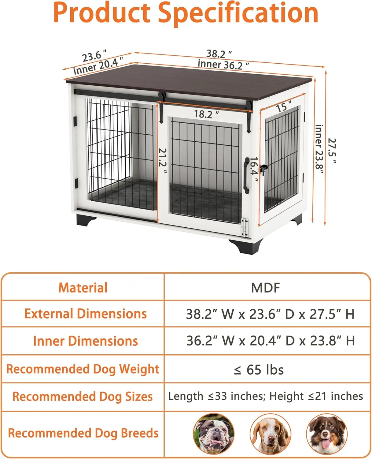 Piskyet Dog Crate Furniture Barn Door Dog Crate for Large Dogs Up to 60 lbs,Sliding Door Dog Crate Modern Decorative End Side Table Nightstand