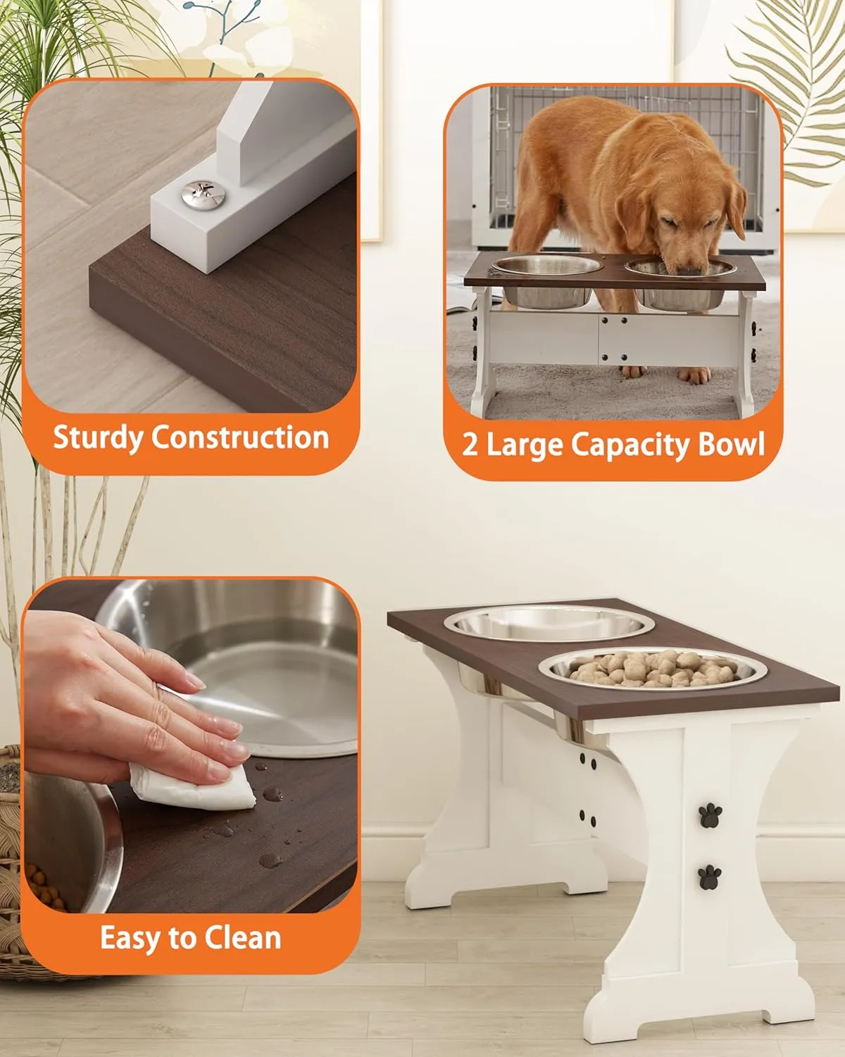 Piskyet Elevated Dog Bowls,Farmhouse Dog Bowls Stand, Raised Dog Bowl with 2 Stainless Steel Wooden Dog Bowls 12 Cups 15.7''H 90 OZ Bowl-Farmhouse Style