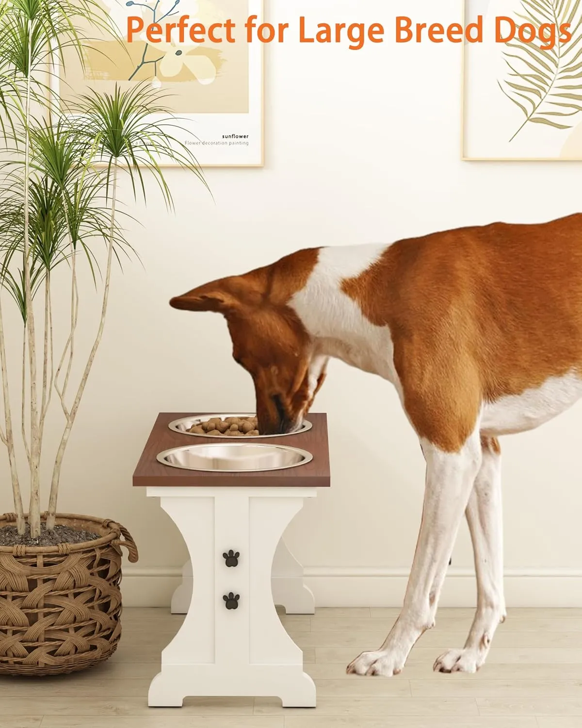 Piskyet Elevated Dog Bowls,Farmhouse Dog Bowls Stand, Raised Dog Bowl with 2 Stainless Steel Wooden Dog Bowls 12 Cups 15.7''H 90 OZ Bowl-Farmhouse Style