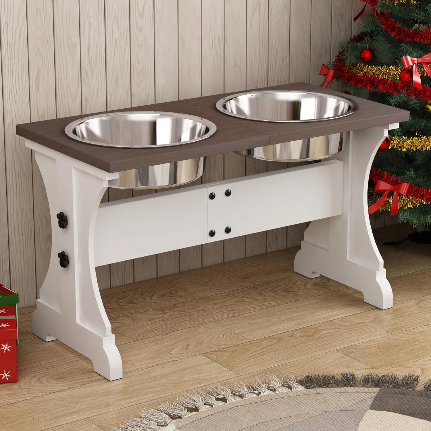 Piskyet Elevated Dog Bowls,Farmhouse Dog Bowls Stand, Raised Dog Bowl with 2 Stainless Steel Wooden Dog Bowls 12 Cups 15.7''H 90 OZ Bowl-Farmhouse Style