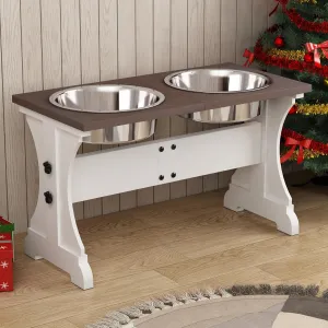 Piskyet Elevated Dog Bowls,Farmhouse Dog Bowls Stand, Raised Dog Bowl with 2 Stainless Steel Wooden Dog Bowls 12 Cups 15.7''H 90 OZ Bowl-Farmhouse Style