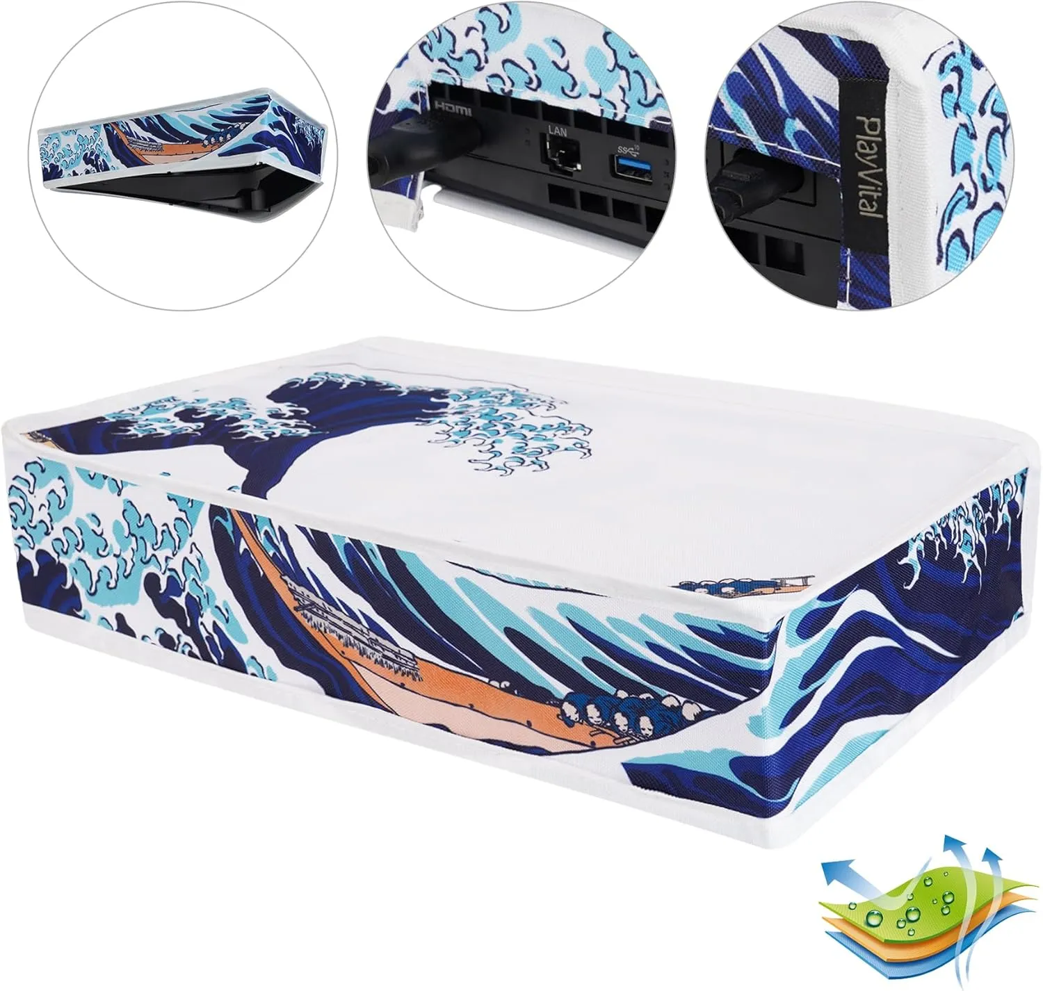 PlayVital Horizontal Dust Cover for ps5 Slim Digital Edition(The New Smaller Design), Nylon Dust Proof Protector Waterproof Cover Sleeve for ps5 Slim Console - The Great Wave