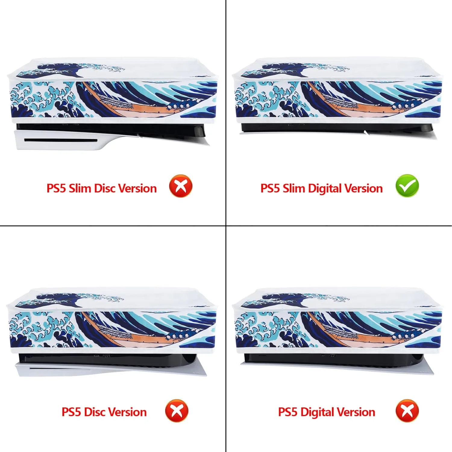 PlayVital Horizontal Dust Cover for ps5 Slim Digital Edition(The New Smaller Design), Nylon Dust Proof Protector Waterproof Cover Sleeve for ps5 Slim Console - The Great Wave