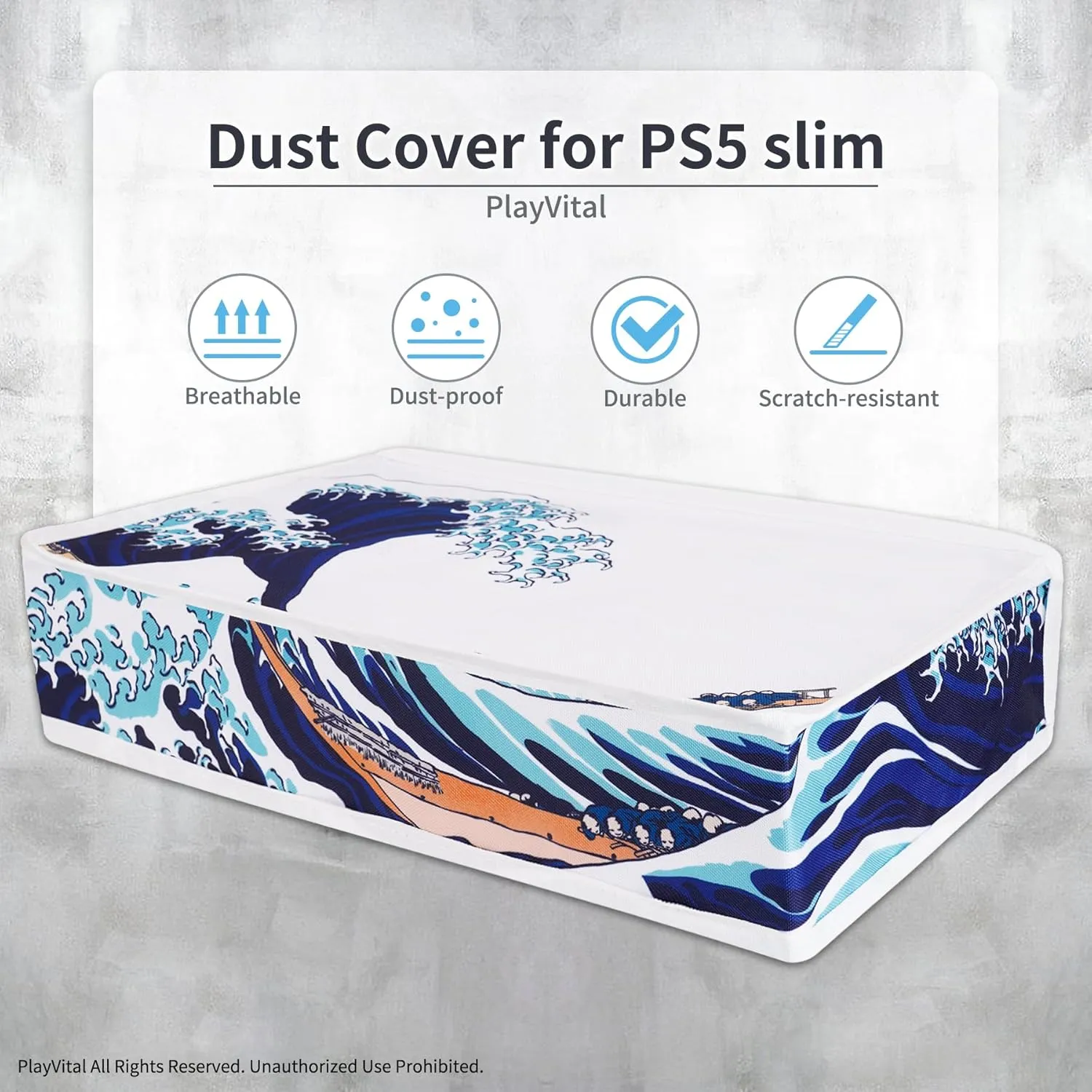 PlayVital Horizontal Dust Cover for ps5 Slim Digital Edition(The New Smaller Design), Nylon Dust Proof Protector Waterproof Cover Sleeve for ps5 Slim Console - The Great Wave