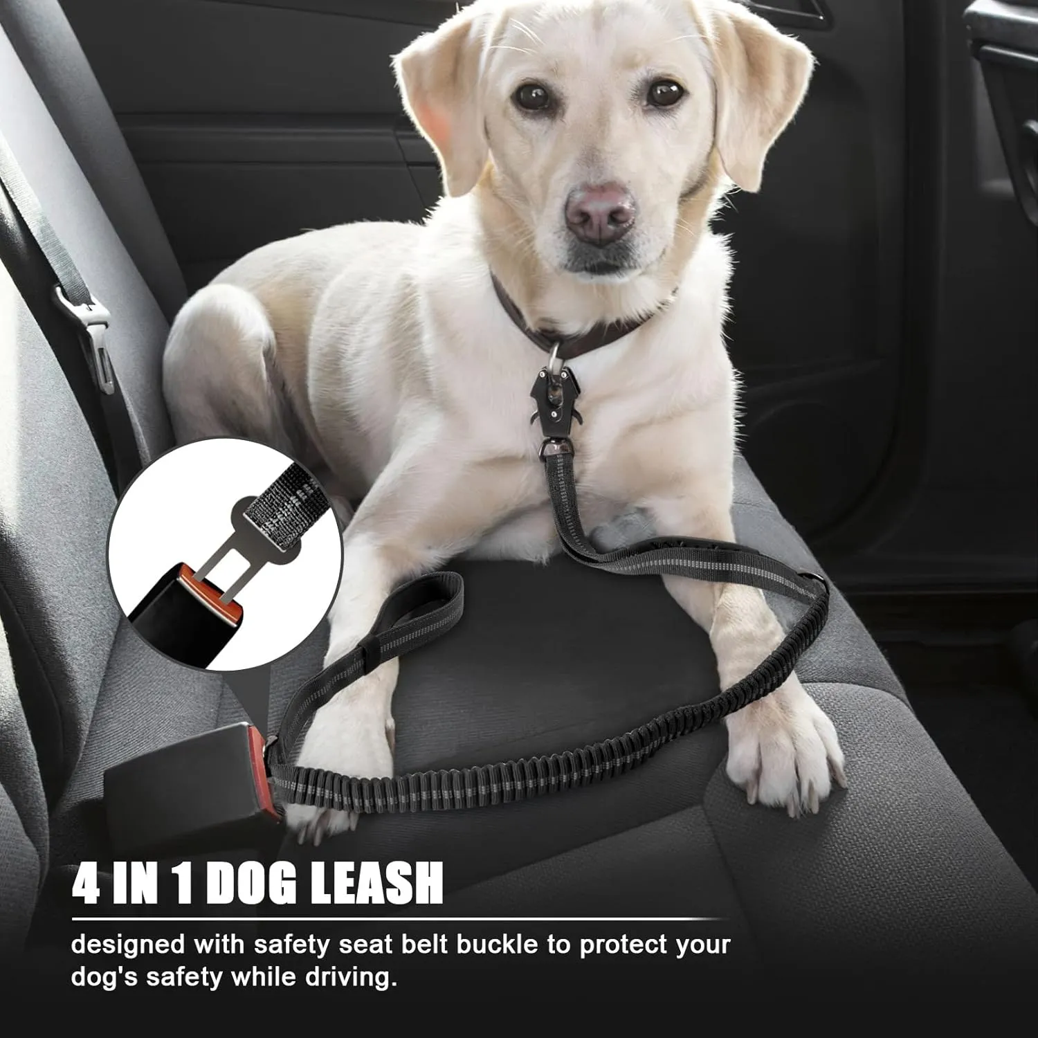 Raipult Tactical Heavy Duty Bungee Dog Leash for Medium Large Dogs That Pull, Military K9 Working Lead, 4-6FT Shock Absorbing Frog Clip Leash with Padded Traffic Handle & Car Seatbelt, Black