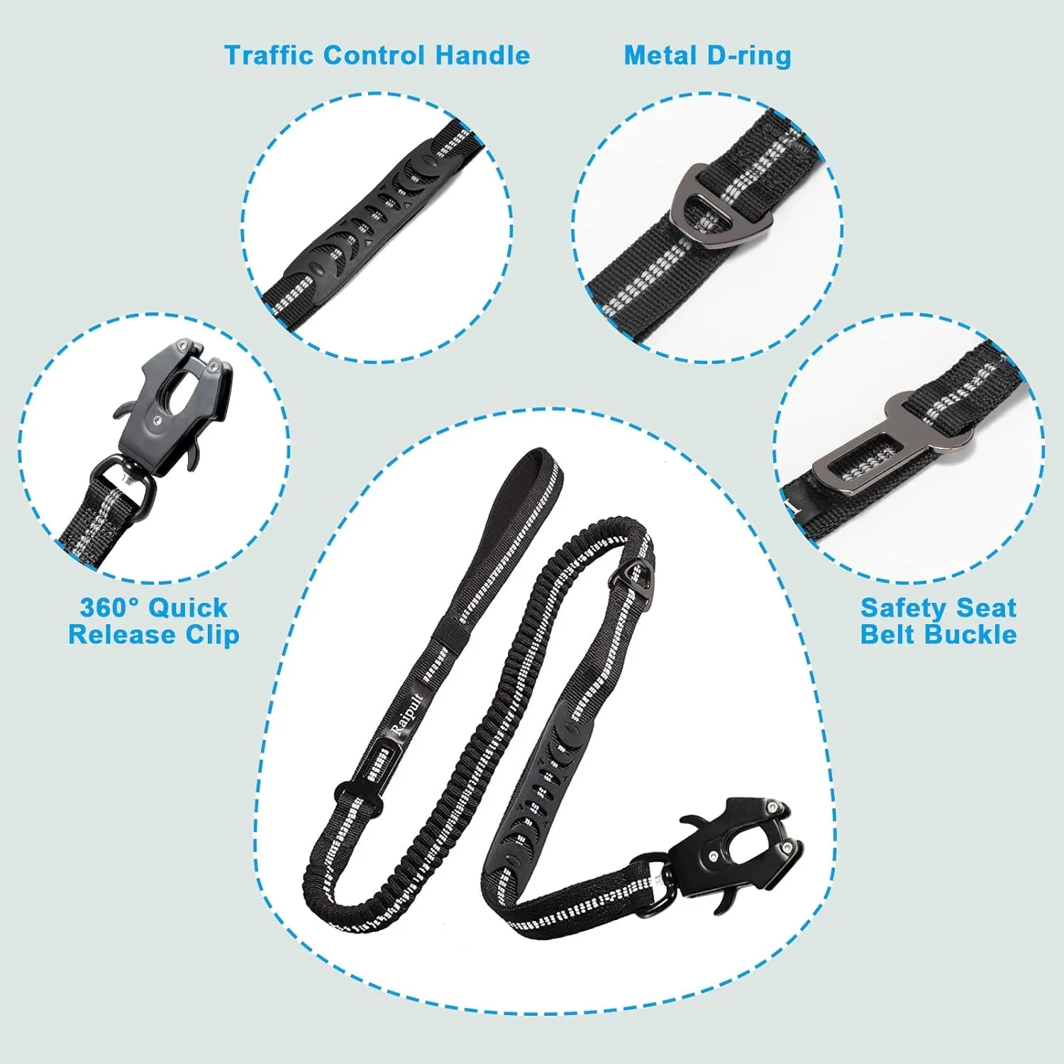 Raipult Tactical Heavy Duty Bungee Dog Leash for Medium Large Dogs That Pull, Military K9 Working Lead, 4-6FT Shock Absorbing Frog Clip Leash with Padded Traffic Handle & Car Seatbelt, Black