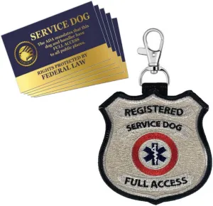 Registered Service Dog ID Patch Tag - Clips to Vest, Harness, Collar, Leash, or Carrier - Includes 5 Law Handout Cards