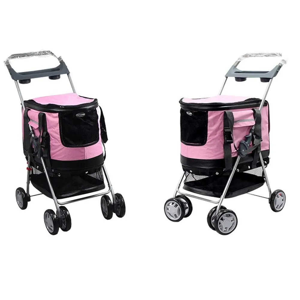 Removable Foldable Cat Dog Pushchair Trolley, Pet Car Seat, Front Swivel Wheels and Rear Brake, Maximum Weight 15Kg (Pink)