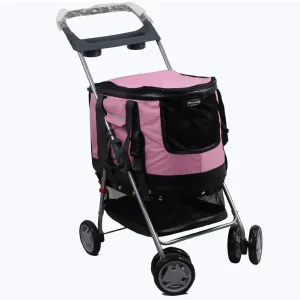 Removable Foldable Cat Dog Pushchair Trolley, Pet Car Seat, Front Swivel Wheels and Rear Brake, Maximum Weight 15Kg (Pink)