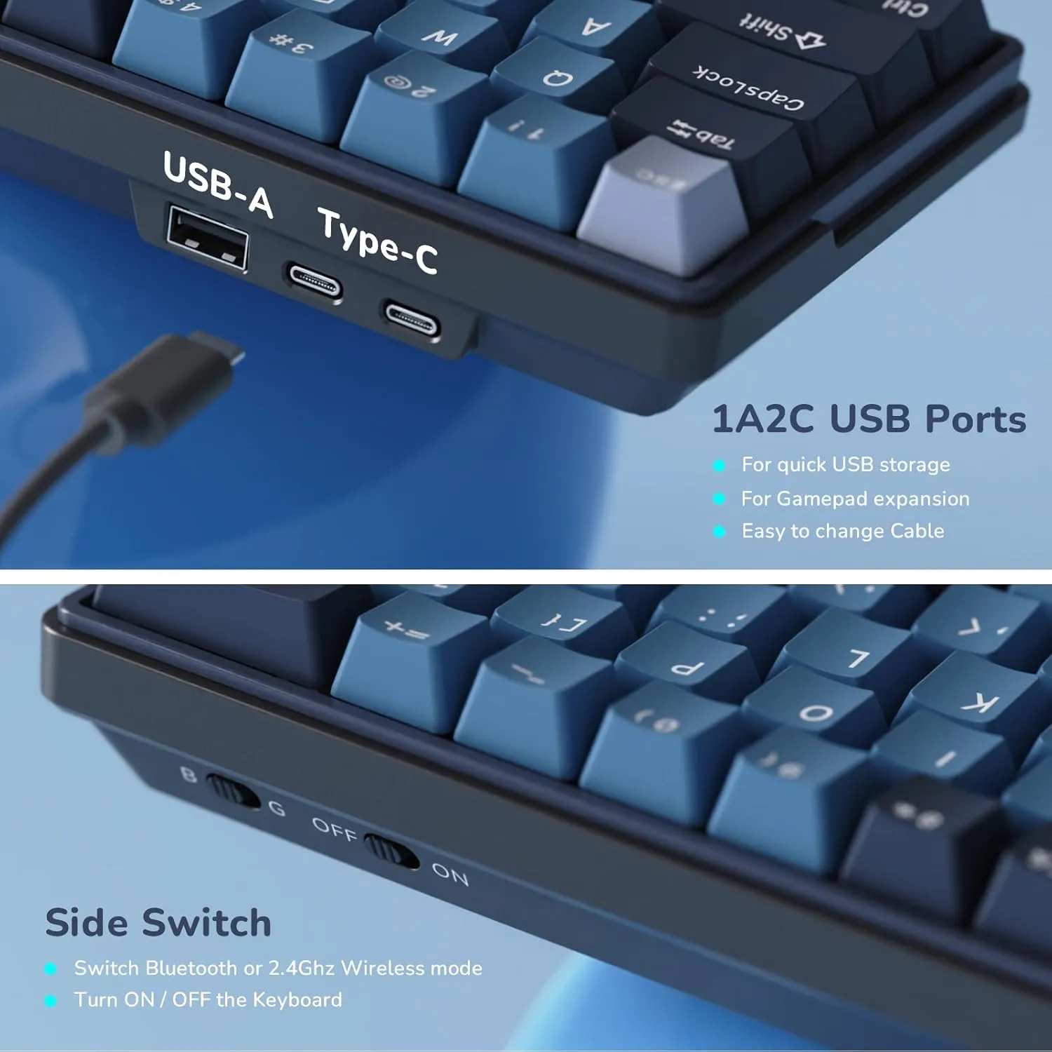 RK ROYAL KLUDGE RK61 Plus Wireless Mechanical Keyboard, 60% Percent Gaming Keyboard with Bluetooth/2.4G/Wired, Hot Swappable RGB PC Keyboards with USB Hub for Win/Mac, Silence Linear SkyCyan Switches