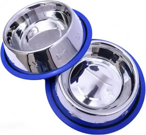 Set of 2 Etched Stainless Steel Dog Bowls, Easy to Clean with Non-Skid No-Tip Silicone Ring, Feeding Bowls for Dogs (2 Pak / 32oz Each Bowl)