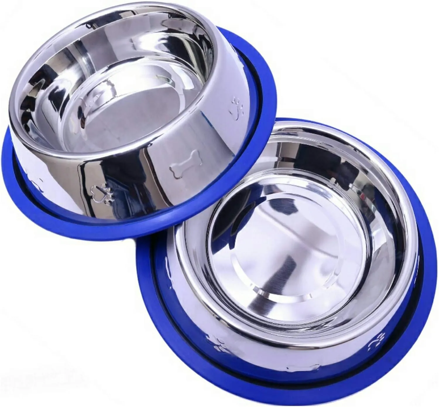 Set of 2 Etched Stainless Steel Dog Bowls, Easy to Clean with Non-Skid No-Tip Silicone Ring, Feeding Bowls for Dogs (2 Pak / 32oz Each Bowl)