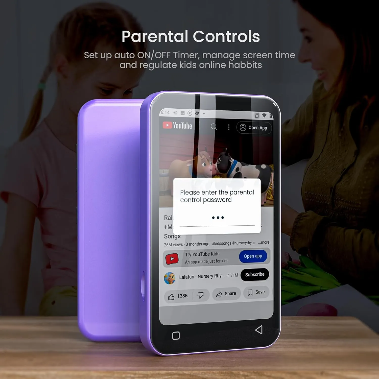 TIMMKOO 80GB Kids MP3 Player with Bluetooth, Parental Controls, Pre-Installed Spotify, Spotify Kids, Audible, 4" WiFi MP3 MP4 Music Player Up to 1TB (Purple)