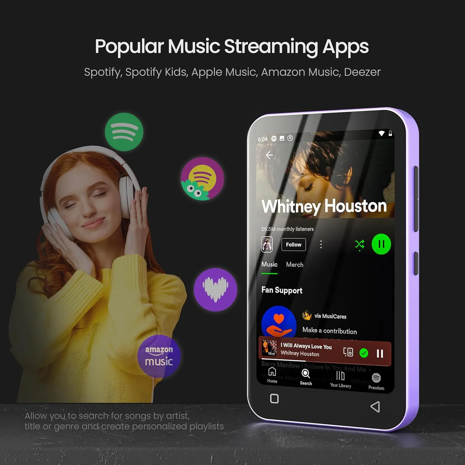 TIMMKOO 80GB Kids MP3 Player with Bluetooth, Parental Controls, Pre-Installed Spotify, Spotify Kids, Audible, 4" WiFi MP3 MP4 Music Player Up to 1TB (Purple)