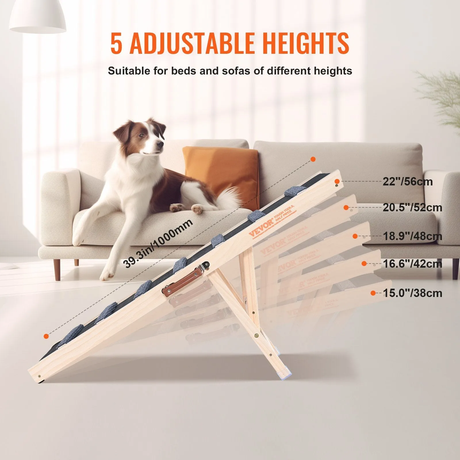 VEVOR Dog Ramp, Folding Pet Ramp for Bed, Adjustable Dog Ramp for Small, Large, Old Dogs & Cats, Wooden Pet Ramp with 39.3" Long Ramp, Adjustable from 15" to 22", Suitable for Couch, Sofa, Car