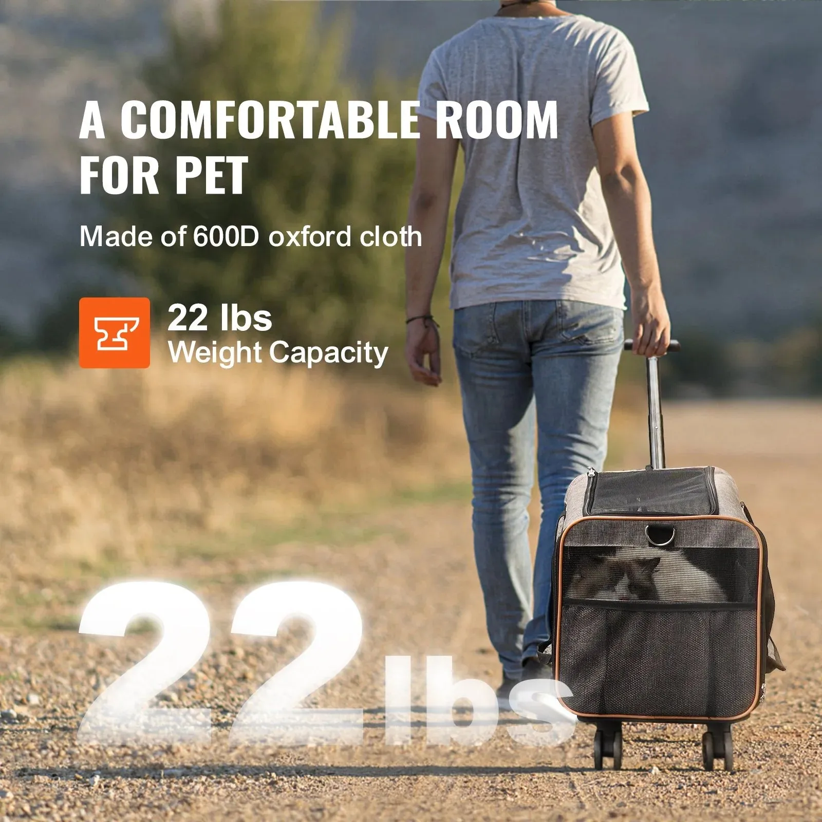 VEVOR Rolling Pet Carrier – Airline-Approved with Wheels & Telescopic Handle (For Pets Under 22 lbs)