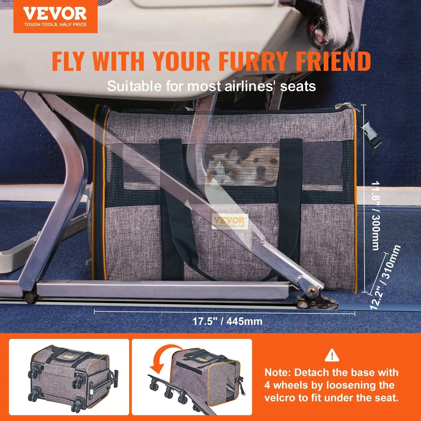 VEVOR Rolling Pet Carrier – Airline-Approved with Wheels & Telescopic Handle (For Pets Under 22 lbs)