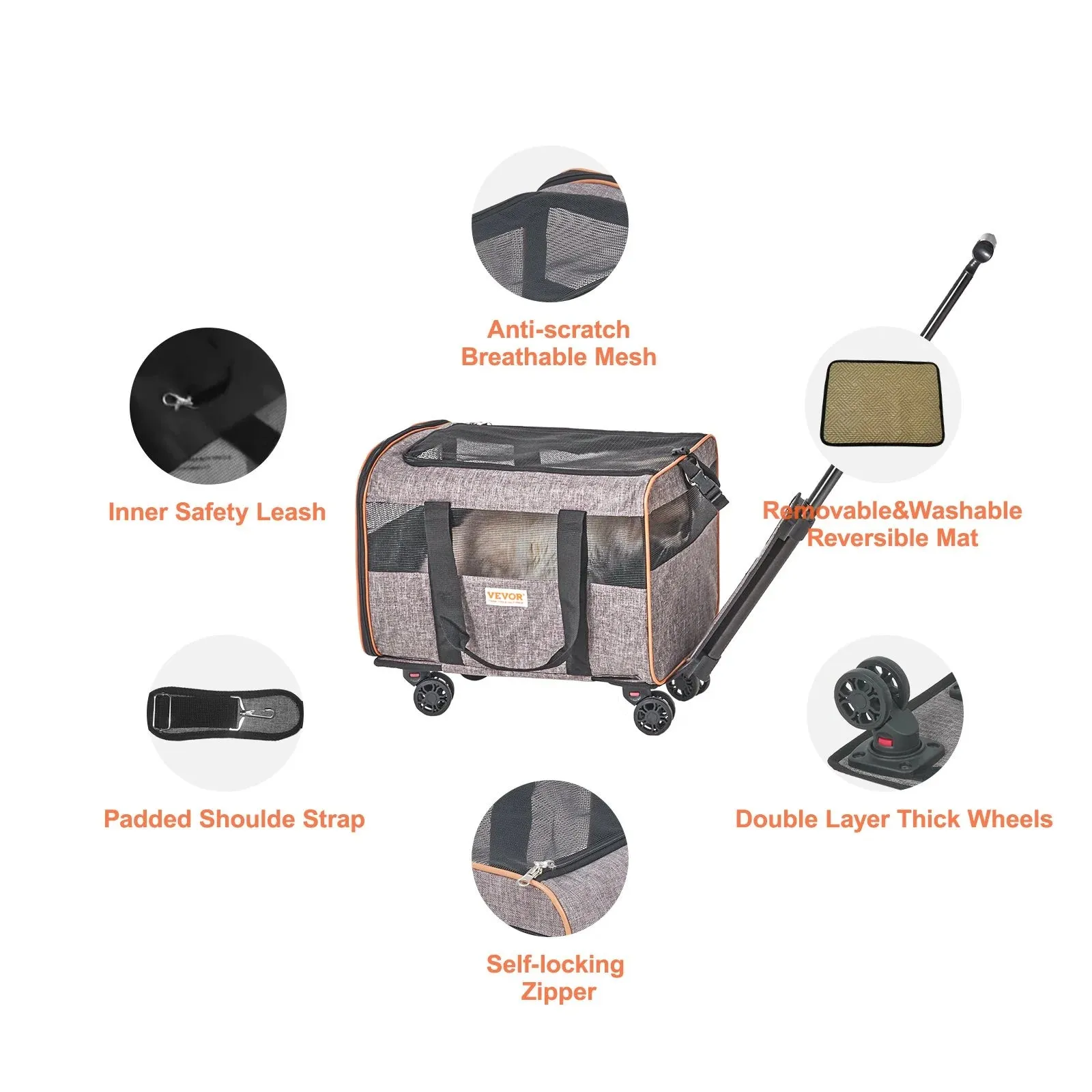 VEVOR Rolling Pet Carrier – Airline-Approved with Wheels & Telescopic Handle (For Pets Under 22 lbs)