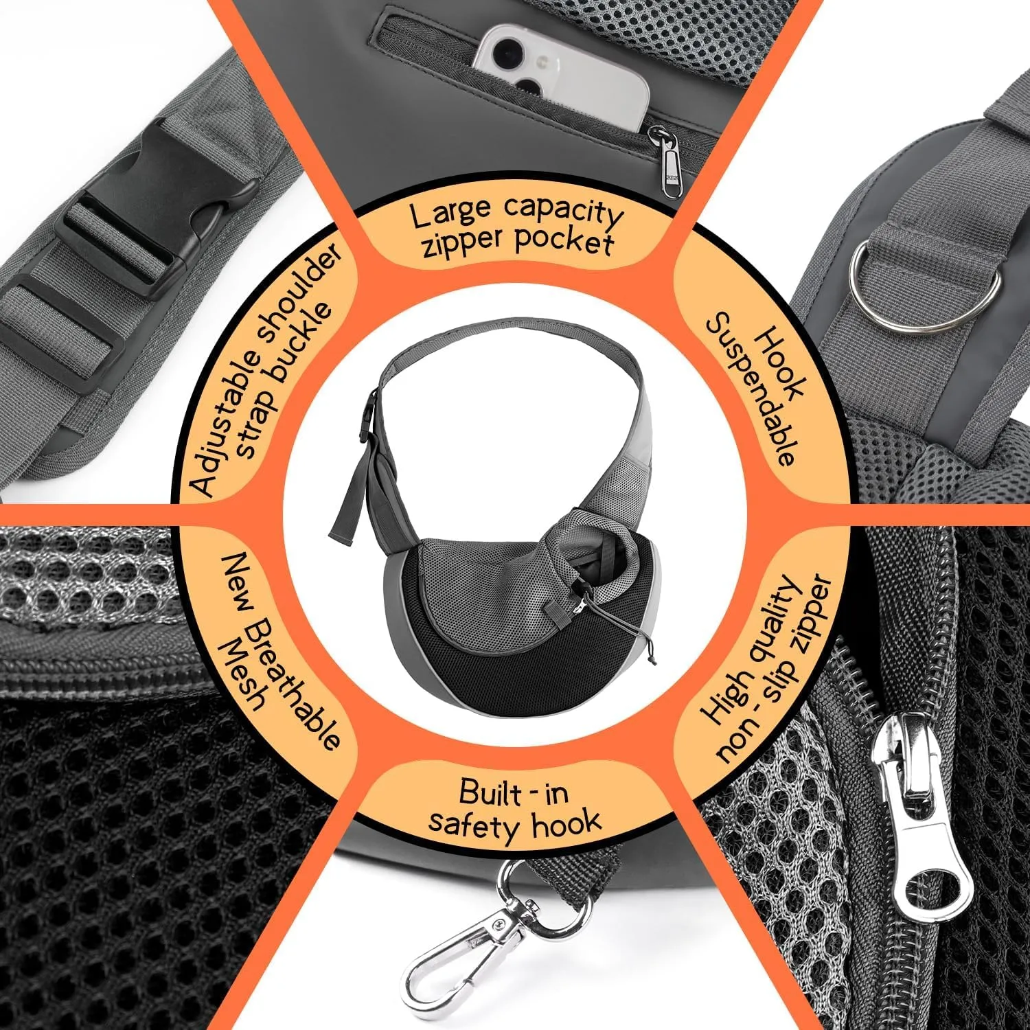 YUDODO Pet Sling Carrier for Small Dogs & Cats  Hands-Free Puppy Carrier with Safety Hook, Large Zipper Pocket, Soft Breathable Mesh, Adjustable Strap & Reflective Strip (Black 1.0 L)